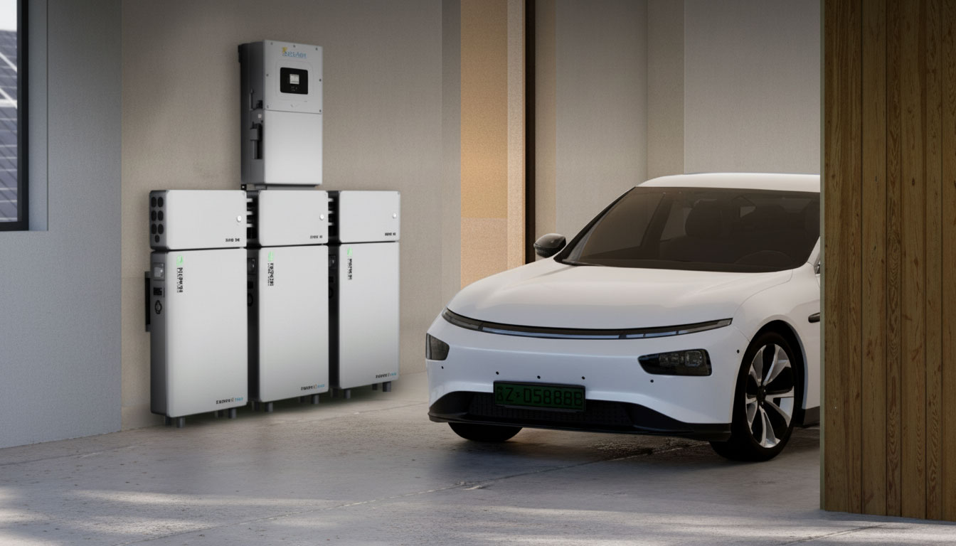 An installation of Sol-Ark inverter with 3 Renon batteries modules beside a car in the marquee of a house.