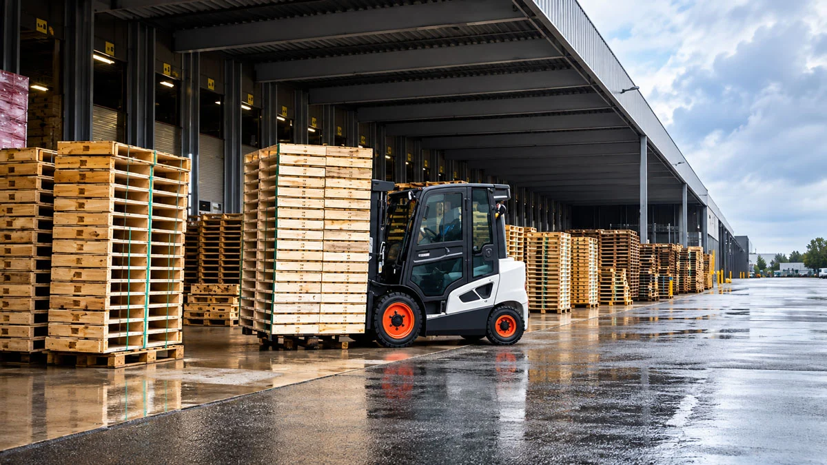 A forklift transporting a stack of wooden pallets in the loading area of ​​an industrial warehouse, featuring multiple pallet stacks and a floor wet from the rain.